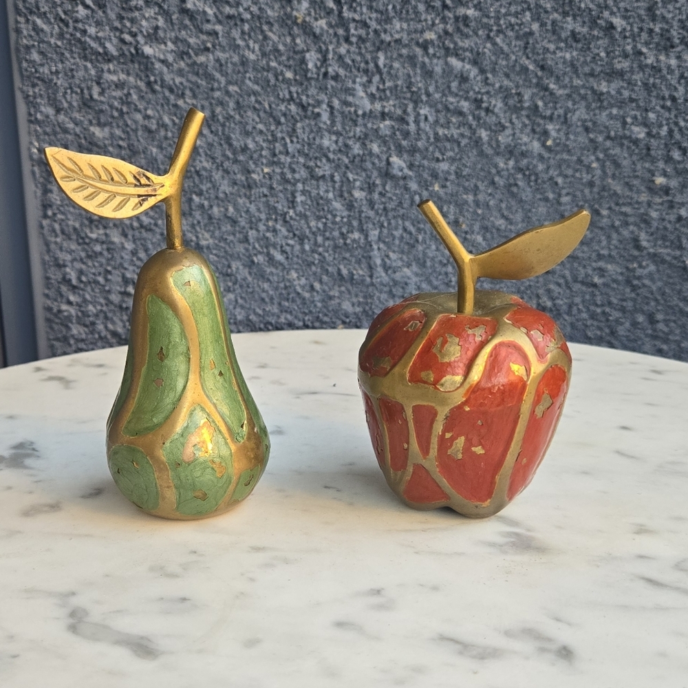 Vintage Brass Enamel Apple and Pear